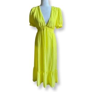 Alice + Olivia Angela Puff Sleeve Yellow Tiered Midi Dress Size 10